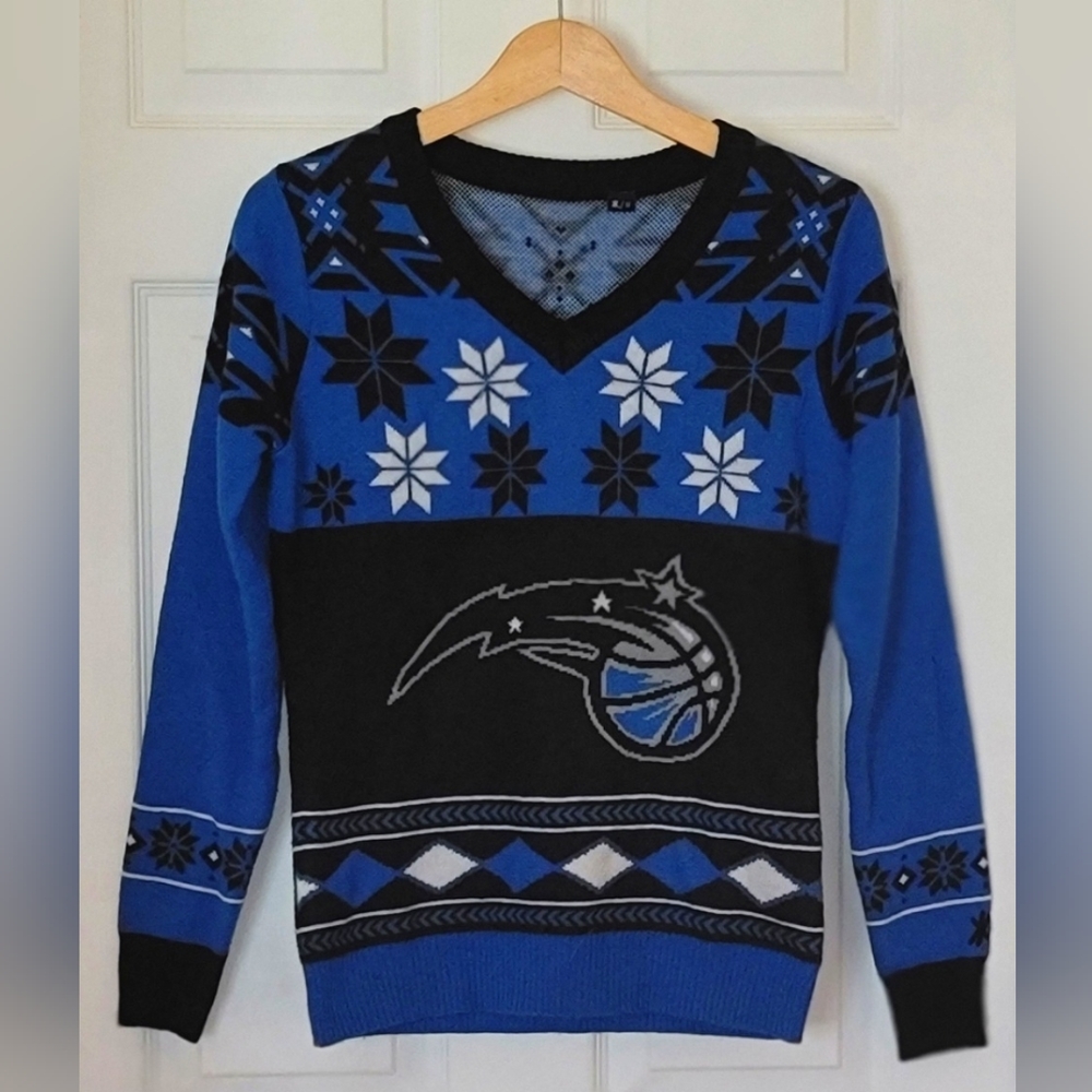 Orlando Magic Klew Women's Big Logo V-Neck Ugly Sweater 💙🖤